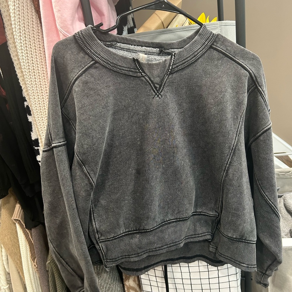 free people grey wash cropped crewneck pullover